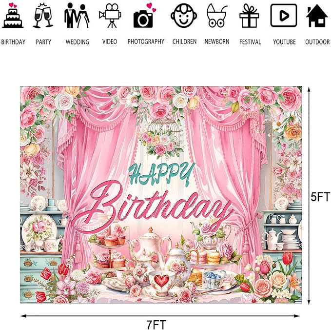 Tea Party Backdrop Let's Partea Happy Birthday Photography Background Wonderland Pink Rose Floral Teapot Women Tea Party Decor Banner Portrait Photo Booth Studio Props 7x5ft FU047YL