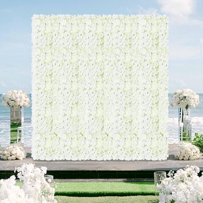 FOTSHARER Flower Wall Backdrop White Artificial Flower Wall Panel 15" x 15" Flower Panels for Backdrop 3D Floral Rose Wall Flower Photo Background Wedding Floral Back drop Wall for Wedding Party Event