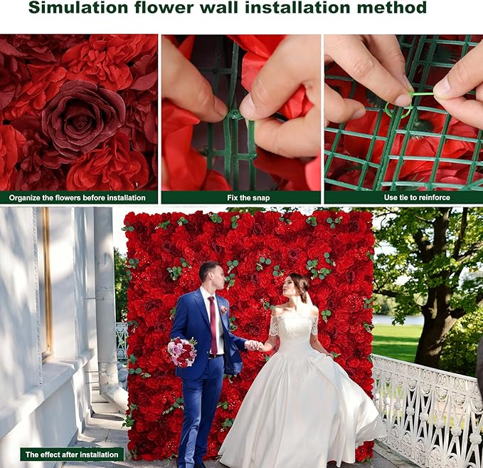 Artificial Flower Panels for Wall Backdrop 12Pack- 3D Floral Mat Silk Rose Hydrangea for Home Party Wedding Birthday Photo Background, Festival & Event Wall Décor（15 * 15 * 6.7inches, Dark Red）
