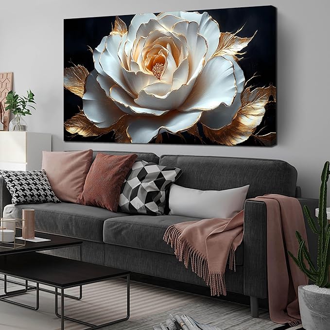 Large White Flower Canvas Wall Art for Living Room Bedroom Home Office Black and White Flower Picture Modern Canvas Prints Framed Wall Decor Artwork Size 29x59