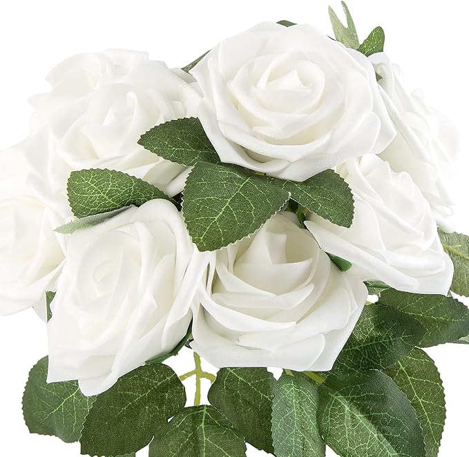 Artificial Flower Foam Rose 25pcs Real Looking Fake Rose with Stems Leaves for Home Decoration Party Garden Centerpieces DIY Wedding Bouquets（White）
