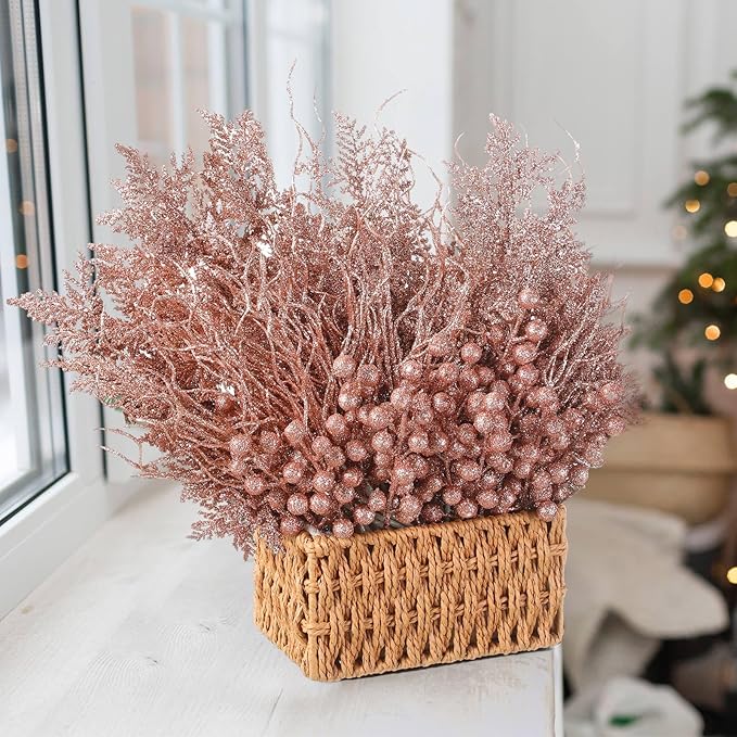 75 Pcs Christmas Glitter Branches 3 Styles Artificial Christmas Picks Berries Stems Pine Needles Floral Twig Spray for Xmas Tree Ornaments DIY Wreath Garland(Rose Gold)
