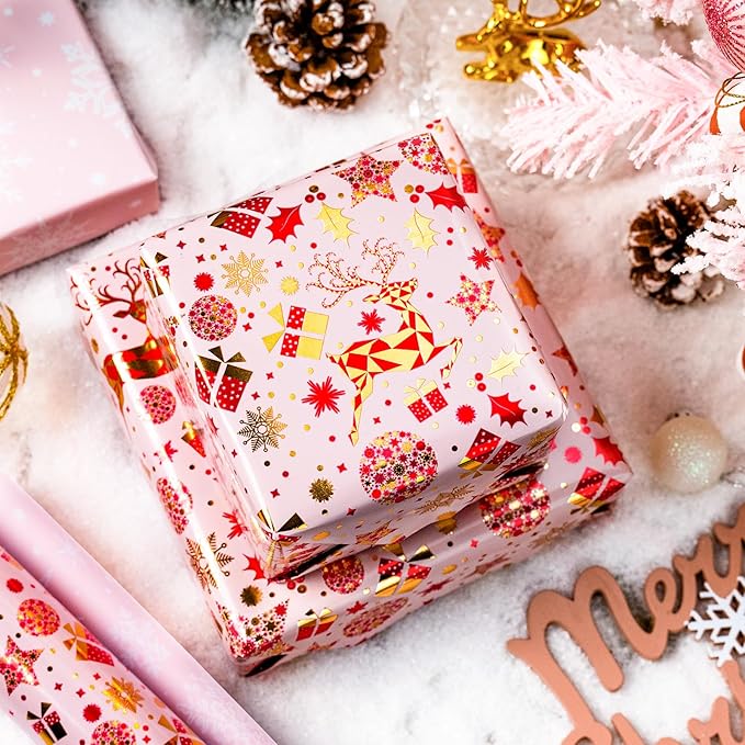Yarcony Pink Christmas Gift Wrapping Paper, Reindeer Wrapping Paper, Elegant Vintage Pink and Gold Deer Girls Holiday Gift Wrap with Metallic Shine for Christmas Presents, Party (17Inch x 33Feet)