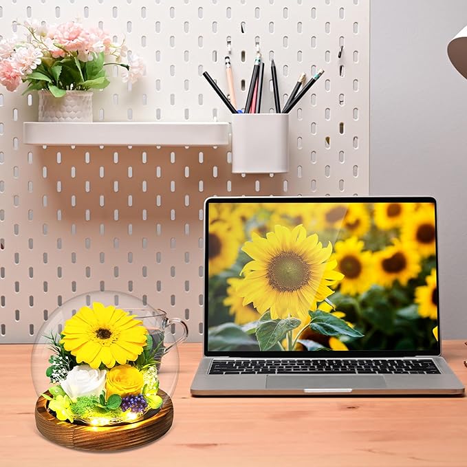Sunflower Gifts for Women Mom Birthday Gifts for Her Preserved Real Flowers in Glass Dome with LED Strip, Forever Flowers Gifts for Wife Girlfriend Mom on Mother Day Birthday Valentine Day