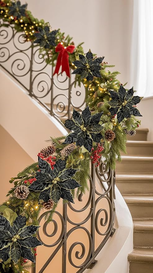 DILATATA 3 Pcs Artificial Christmas Flowers 11 Inch Glitter Poinsettia Picks Christmas Tree Ornaments Topper Decorations Black Poinsettias Flowers for Xmas New Year Wreath Garland Wedding Party Decor