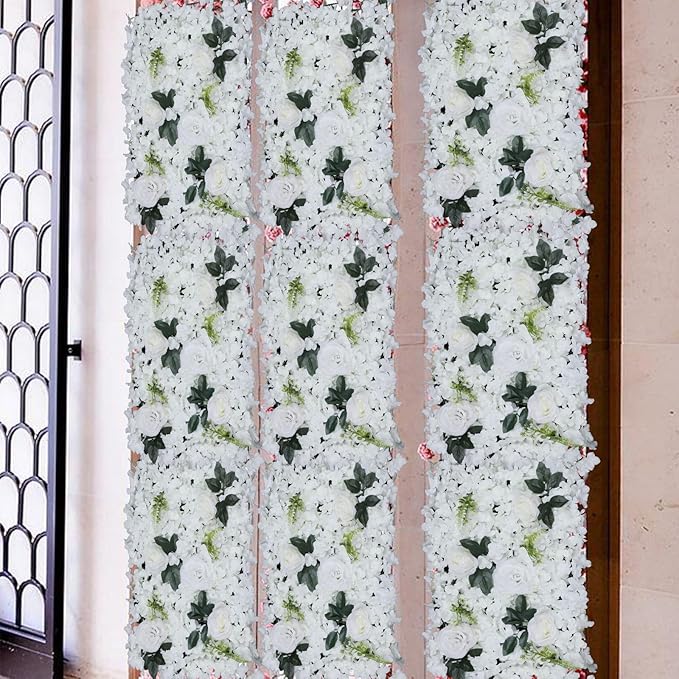 Gdrasuya10 6 Pcs Artificial Flower Wall Panels 3D Flower Background Panel for Wall, 60x40cm Wedding Flower Decorations Wall Silk Rose Panels for Party, Nail, Photo Areas, Stage Background (White)