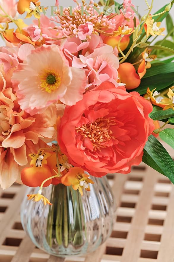WELL KNOWN Silk Peony Mixed Wild Flower Bouquet in Vase, Artificial Flowers Arrangements Orange & Pink Fake Flowers with Vase for Home Living Room Wedding Party Dinning Table Fall Seasonal Decor