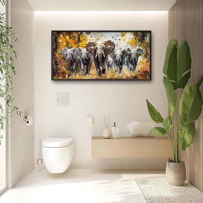 Extra Large Elephant Framed Wall Art for Living Room,Oversized Elephants Wild Animal Pictures Wall Decor,Forest Landscape Canvas Print Painting Modern Artwork Bedroom Office Bathroom 60L x 30W