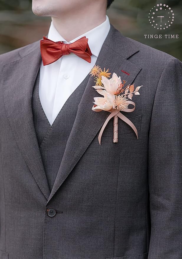 TINGE TIME 6PCS Boutonniere for Men, Groom and Groomsmen Boutonniere for Wedding, Prom, Homecoming, Anniversary, Graduation(Beige)