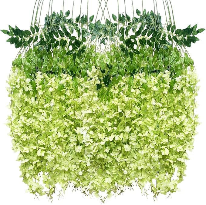 Artificial Wisteria Hanging Flowers Fake Wisteria Flower Garland Silk Vines Rattan Decor for Home Wedding Arch Wall Garden Greenery Bedroom Outdoor Office Party Decoration(24, Green)