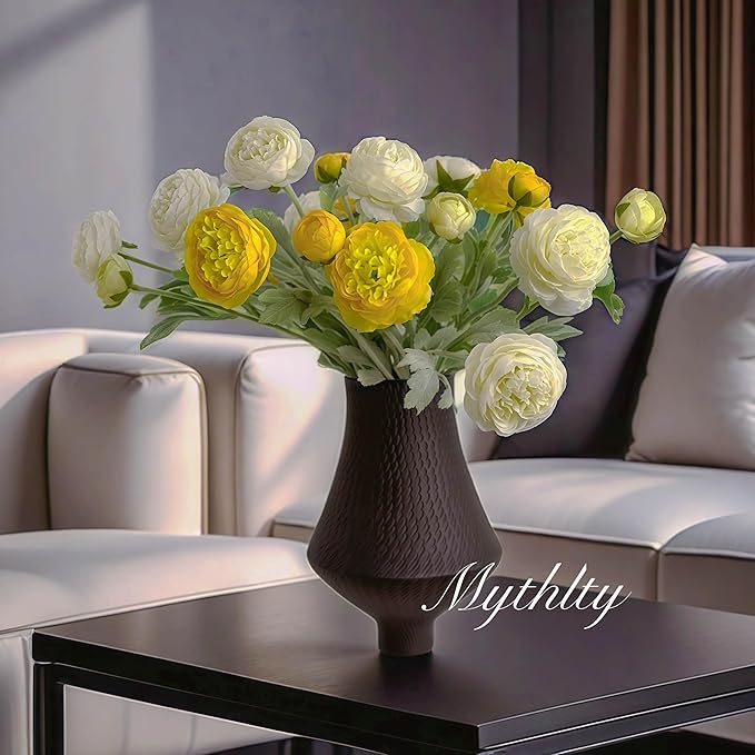 7 pcs White and Yellow Peony Artificial Flowers with Stems for Vase, Fake Peonies Silk Flowers Arrangement for Home Office Farmhouse Indoor, Kitchen Dining Table Centerpiece Decorations