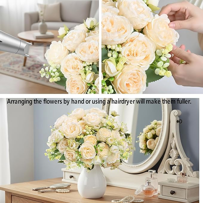 Peonies Artificial Flowers 12 Bundles Pink Flowers Bouquet, Lifelike Silk Fake Peonies with Stems for Home Table Centerpieces, Wedding, Party & DIY Bridal Floral Arrangements (Champagne)