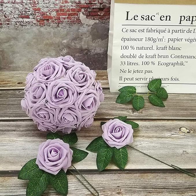 Artificial Flowers Roses 50pcs Lilac Roses Wedding Decoration Real Looking Fake Roses w/Stem for DIY Wedding Bouquets Centerpieces Arrangements Party Baby Showers Home Decorations (Lilac, 50 pcs)