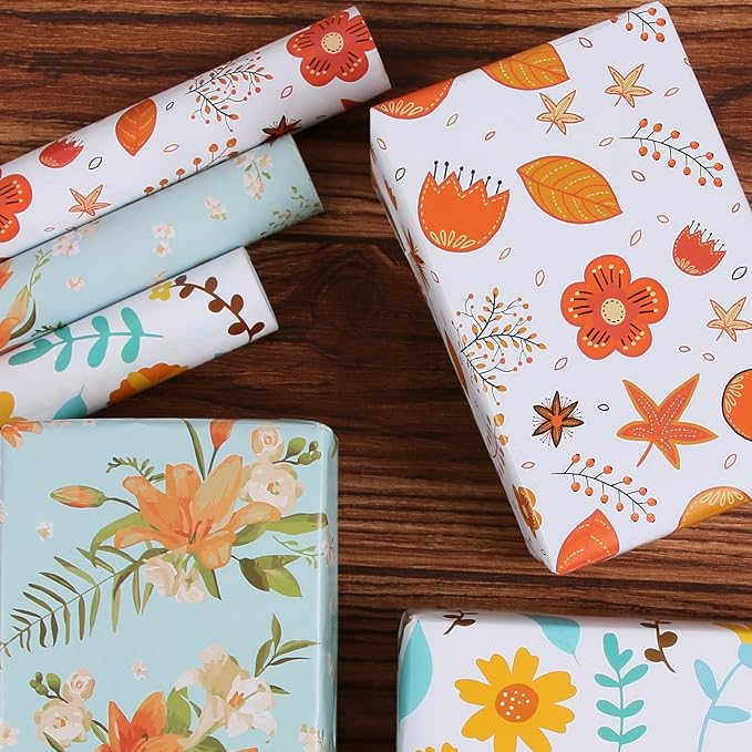 Aimyoo Floral Packing Paper Wrapping Paper Roll 17 in x 10 ft, Blue Red Flower Gift Wrap for Wedding Bridal Shower Birthday