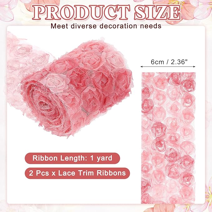 uxcell 2PCS Lace Trim Ribbon, 2.36 inch - 1 Yard 3D Rose Floral Embroidery Ribbons Edge Trimming for Sewing, Wedding Dress, DIY Crafts, Decoration Accessories, Color Red