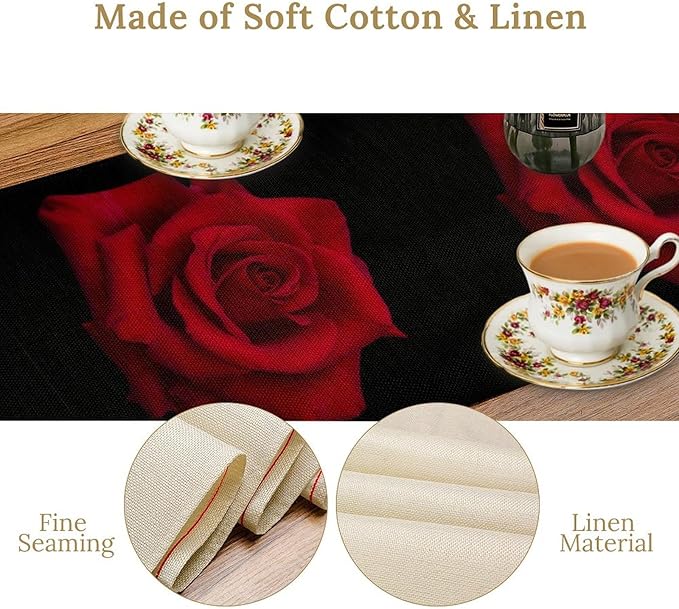 Red Rose Table Runner,Romantic Flower Black Table Runner for Indoor Outdoor Holiday Home Wedding Party 13x70 Inch
