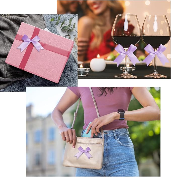50 Counts Lilac Twist Tie Bows 3.1" Pre-Tied Satin Ribbon Bow Decor Mini Twist Tie Bows for Gift Wrapping Treat Bags Cake Bridal Baby Shower Birthday Party Favors Wedding Decorations