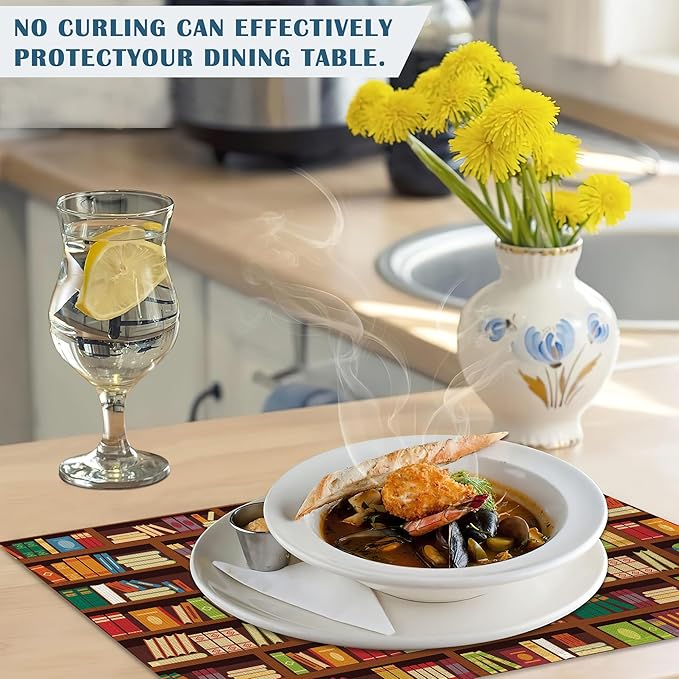 Library Book Shelf Placemats Set of 4, Linen Place Mats Heat Resistant Non-Slip Washable Table Mats for Dining Kitchen Party Decor 12"x18"