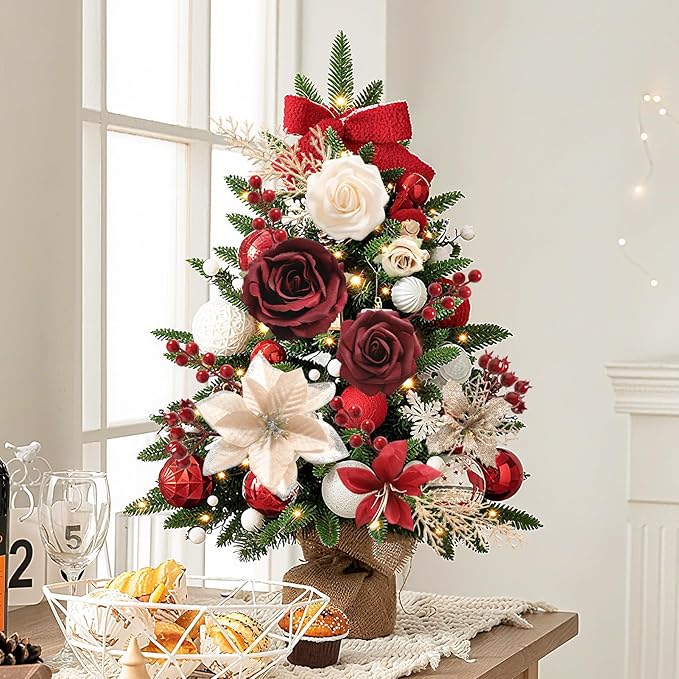 YYHUAWU Artificial Christmas Flowers Greenery Combo Box Set Faux Flowers Bulk Flower Leaf with Stems for DIY Tree Ornaments Xmas Wreath Floral Arrangements Centerpieces