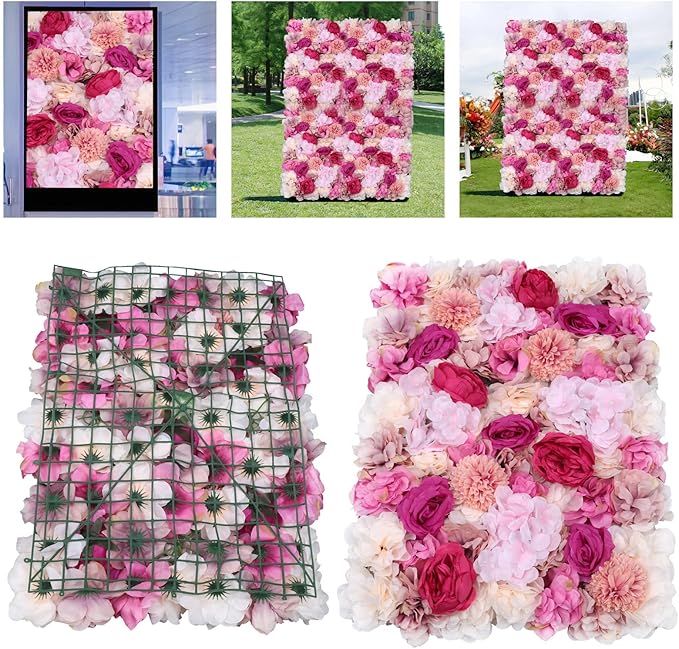 6PCs Floral Backdrop, Realistic Silk Rose Wall, 23.6 * 15.7 in Artificial Flower Wall Decor for Wedding, Home Decor (Fuchsia)