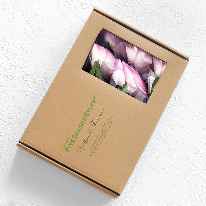 FiveSeasonStuff Fake Roses Wedding Flowers Real Touch Silk White & Purple Artificial Flowers 12 Stems