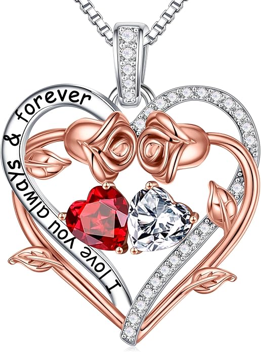 Iefil Rose Heart Double Birthstone Necklace Gifts for Wife Her Mom Women, Birthstone Jewelry Gemstone Birthday Gifts for Girlfriend Grandma Her Wife Women