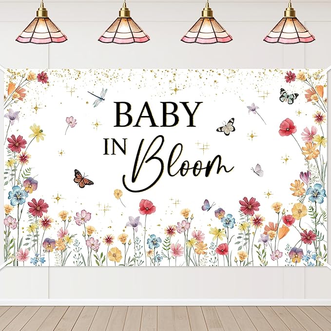 Avezano Wildflower Baby in Bloom Backdrop Banner Wildflower Baby Shower Party Decorations for Girls Gold Glitter Butterfly Spring Floral Baby in Bloom Party Supplies (6x3.6ft)