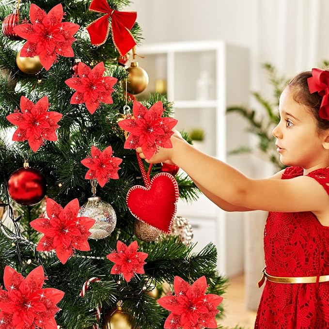Geosar 24 Christmas Glitter Artificial Poinsettia Flowers Xmas Poinsettia Artificial Wedding Flowers Decorations Xmas Tree Ornaments with Clips for Party Favors, 6 Inch, 4 Inch, 3 Inch (Red)