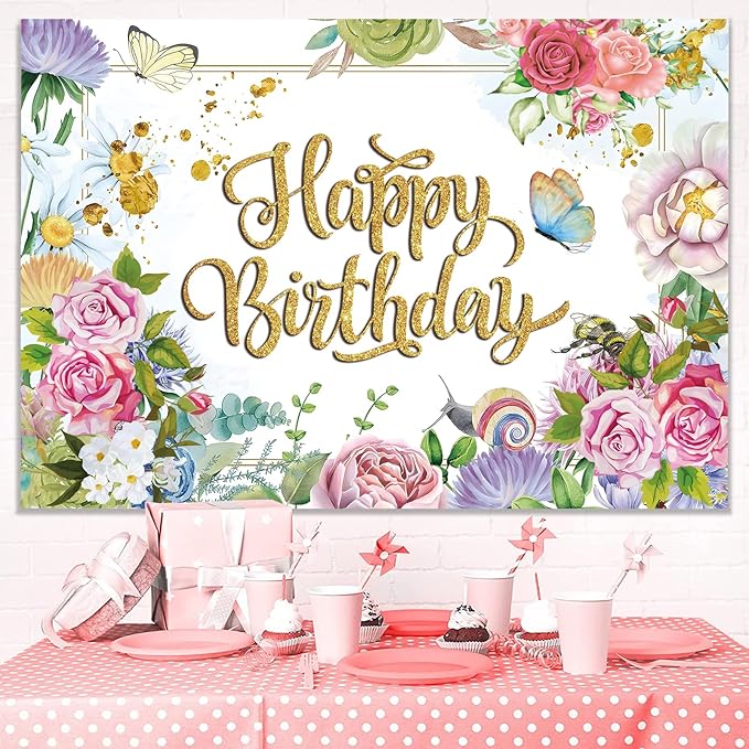 Flower Decoration Backdrop for Women Girl Birthday Party Spring Butterfly Happy Birthday Photography Background Greenery Pink Wildflower Banner 7x5ft