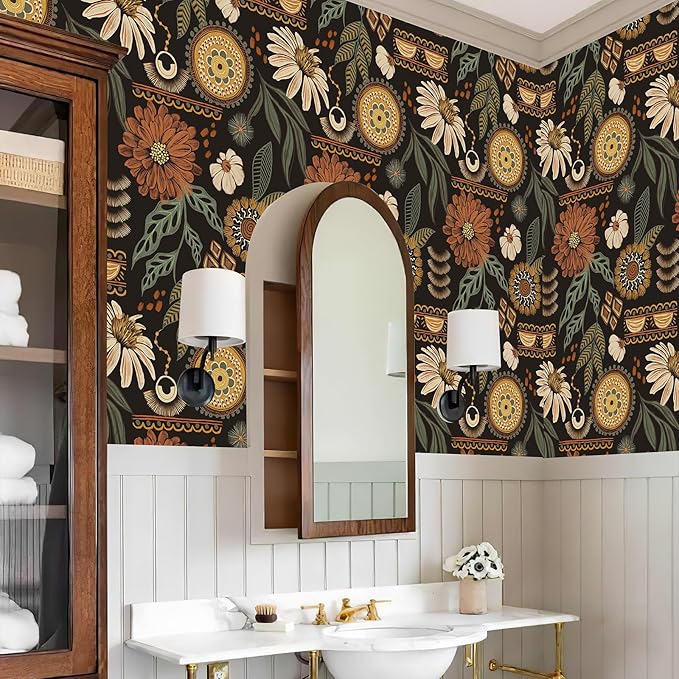 JiffDiff Boho Wallpaper Peel and Stick 17.3" x 400" Vintage Sun Floral Retro Removable Contact Paper Dark Botanical Flowers Bathroom Bedroom Renter Friendly Wall Mural