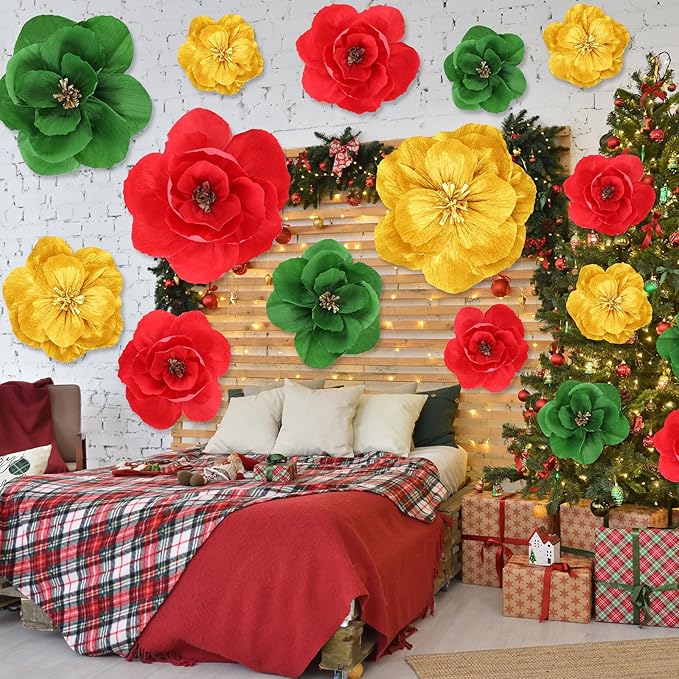 Giant Paper Flowers Artificial Large Paper Flower Decoration for Handcrafted Wall Backdrop Christmas Mexican Wedding Graduation Bridal Shower Birthday Party Supplies(Christmas Colors,18 Pcs)