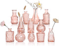 Pink Bud Vases in Bulk 12, Vintage Small Vases for Flowers, Clear Mini Glass Vase for Centerpieces, Decorative Embossed Flower Vase for Wedding Table Decoration, Baby Shower, Birthday Party