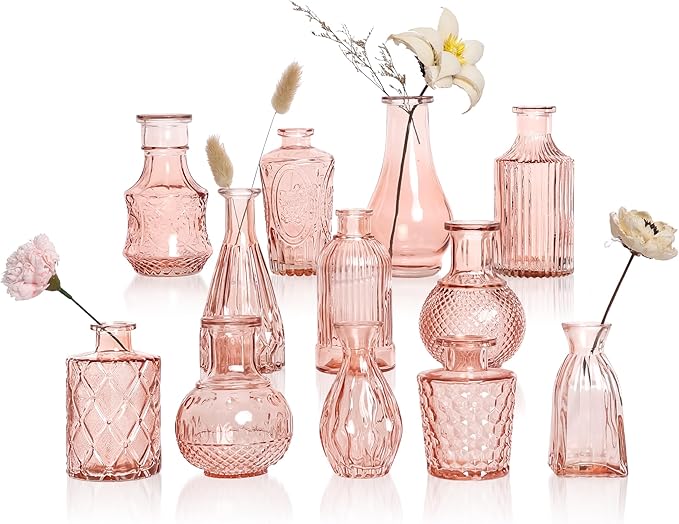 Pink Bud Vases in Bulk 12, Vintage Small Vases for Flowers, Clear Mini Glass Vase for Centerpieces, Decorative Embossed Flower Vase for Wedding Table Decoration, Baby Shower, Birthday Party
