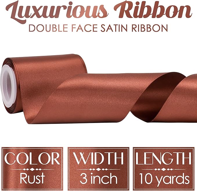 MEEDEE Rust Satin 3 Inch Ribbon Lux Double Faced Satin Ribbon Wide Fall Autumn Colored Ribbons by 10 Yards Rust Ribbons for Christmas Tree, Weddings, Flower Bouquet, Wreath Bow Making