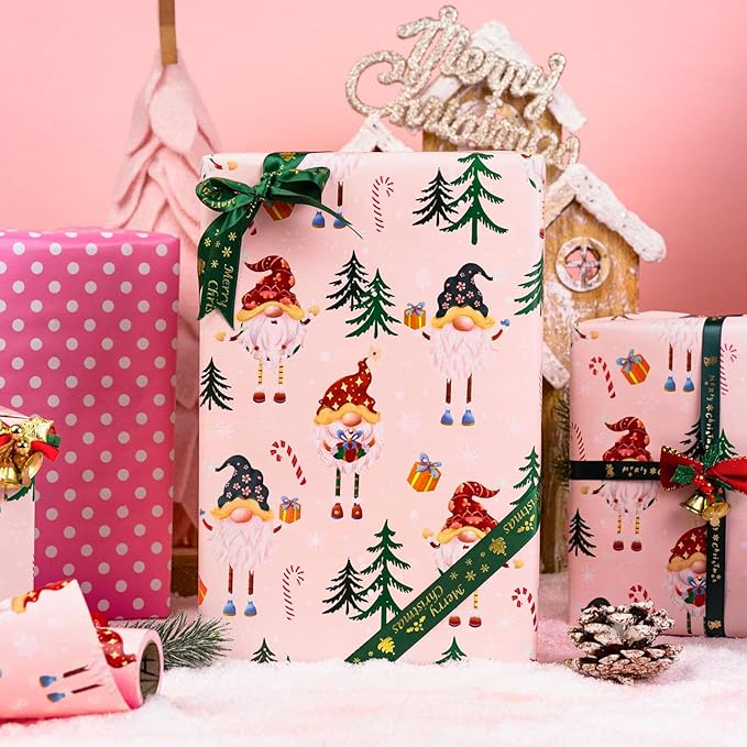 MAYPLUSS Christmas Wrapping Paper - 17 Inch X 33 Feet - Metallic Gift Wrapping Paper Christmas Tree Holly Cute Gnome Candy Cane Snowflakes Reversible Polka Dot for Holiday Party New Year Kids