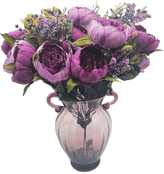 2pcs Artificial Peony Bouquets,19 Inch Silk Peony Bunch with 7 Faux Flowers,Classical Style Artificial Flowers with Leaves and Ornaments for Wedding,Home Décor Centerpieces(Purple)