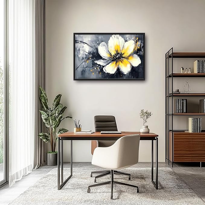 Abstract Flower Large Wall Art Framed Wall Decor for Living Room Black and White Floral Pictures Oversized Canvas Print Painting Modern Extra Large Artwork for Bedroom Office Home Decor 36"x24"