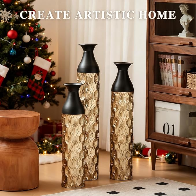Floor Oversized Gold Metal Decorative Vase with 3D Triangle Pattern Set of 3 Large Vases for Home Living Room 33.5 ", 29.5 ", 25.2" High (Black+Gold)
