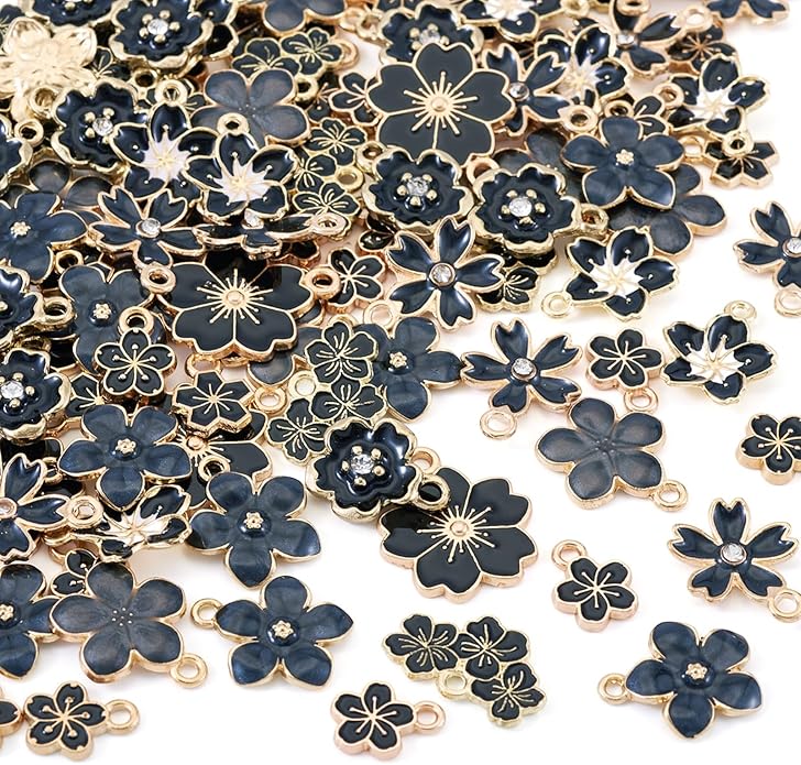 KISSITTY 100Pcs Light Gold Alloy Enamel Charms Cherry Blossom Flower Charm Bulk Gold Plated Pendant Cute Small Floral Dangle Charms for DIY Jewelry Making Kit Bracelet Necklace Keychain Crafts