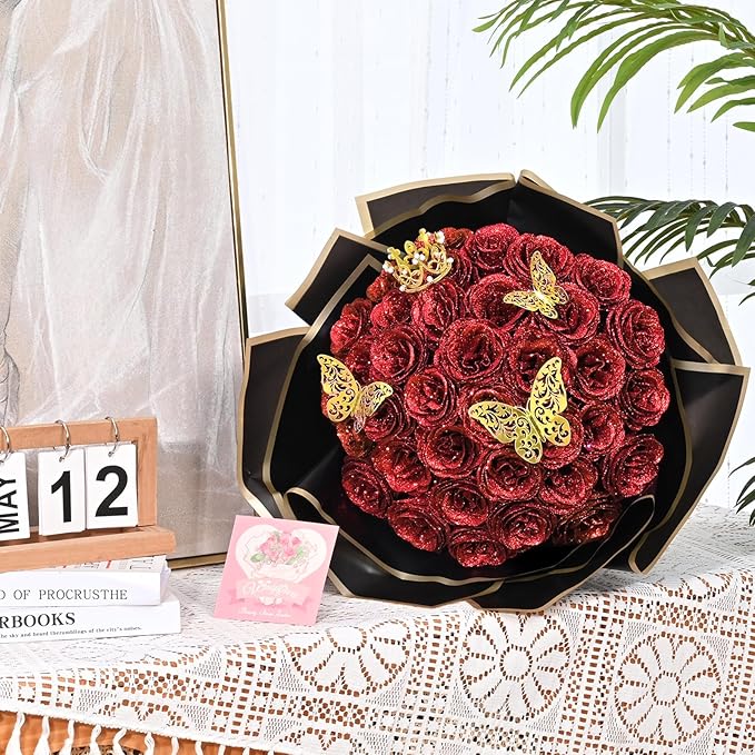 Waipfaru 24 Pcs Glitter Roses Bouquet, DIY Fake Flowers Bouquet, Artificial Red Rose Bouquet for Valentines, Anniversary, Engagement, Wedding