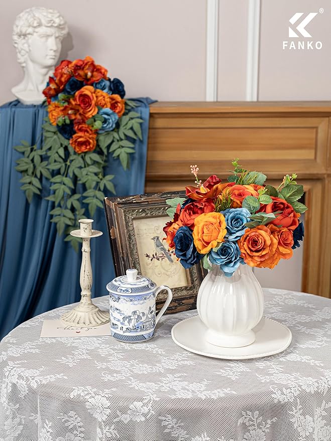 FANKO Artificial Flowers Gradient Orange Rose: Mixed Fake Silk Flowers Combo Dusty & Navy Blue Rose Orchid Vintage Assorted Blooms for DIY Wedding Bridal Bouquets/Centerpieces/Home Decor