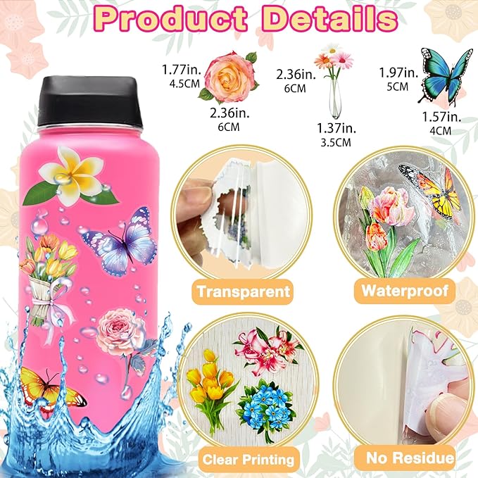 200Pcs Transparent Flower Butterfly Stickers, Aesthetic Nature Floral Decals for Girls Kids Teens Adults, Waterproof Sticker for Water Bottle Scrapbooking Laptop DIY Card Letters Party Supplies
