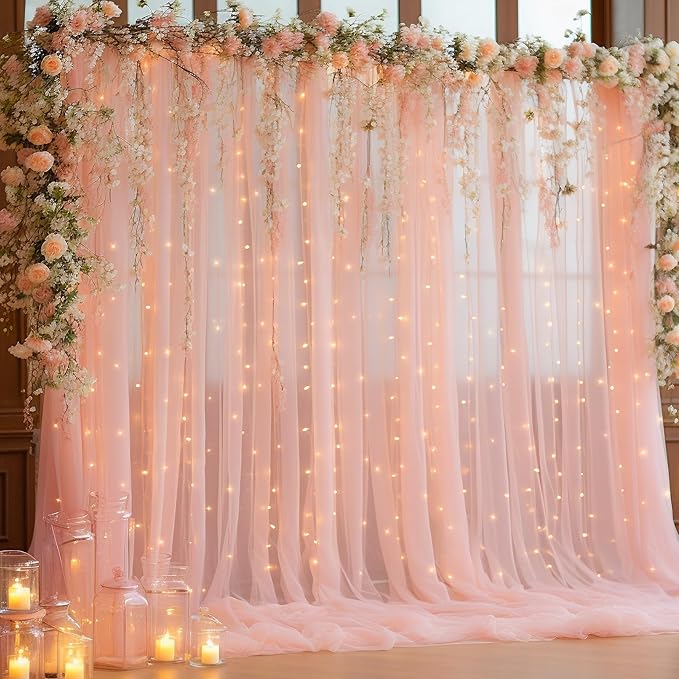 10x8ft Peach Tulle Backdrop Curtain with Lights String for Parites, Sheer Backdrop Curtains for Wedding Baby Shower Birthday Party Photo Shoot Decorations