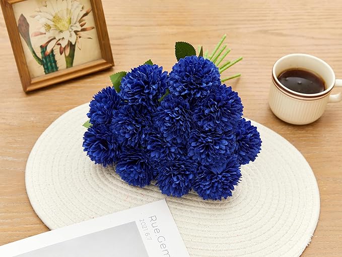 SITUMEIZI 12 Pcs Blue Artificial Chrysanthemums Flowers Ball Flower Fake Mums Silk for Wedding Home Kitchen Decoration Floral Arrangement