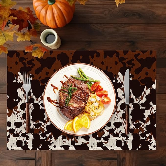 Cow Fur Placemats Set of 6,Washable Heat Resistant 12×18 Inch Linen Table Mats Cow Print Pattern Place Mats for Party Outdoor Dining Décor