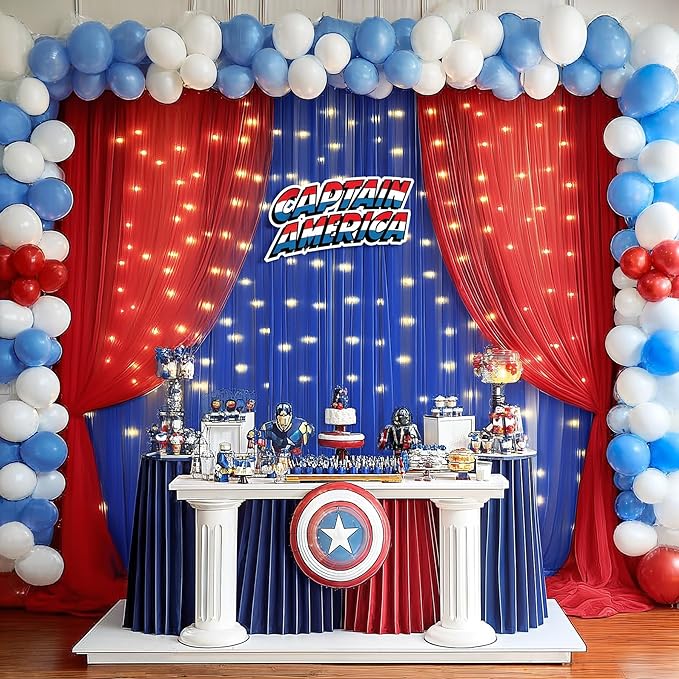 10x10ft Royal Blue Red Tulle Backdrop Curtain with Lights String for Parites, Sheer Backdrop Curtains for Wedding Baby Shower Birthday Party Photo Shoot Decorations