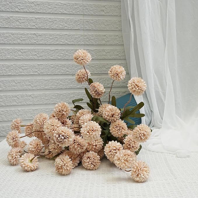Faux Kiku Flower - Beige 12 Stems Artificial Silk Flowers for Home Decor Indoor Pompon Mums Fake Flowers Ball for Table Centerpieces Wedding Flowers Fillers