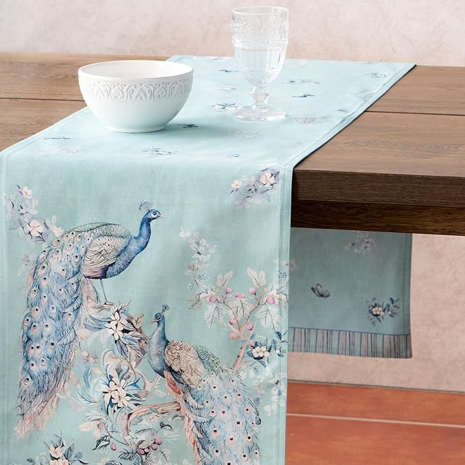 Maison d' Hermine Tablerunners 100% Combed Cotton Premium Table Runner Decorative Table Cover, Home, Kitchen, Peacock Utopia - Pastel Turquoise, Double Layer - (14.5"x72")
