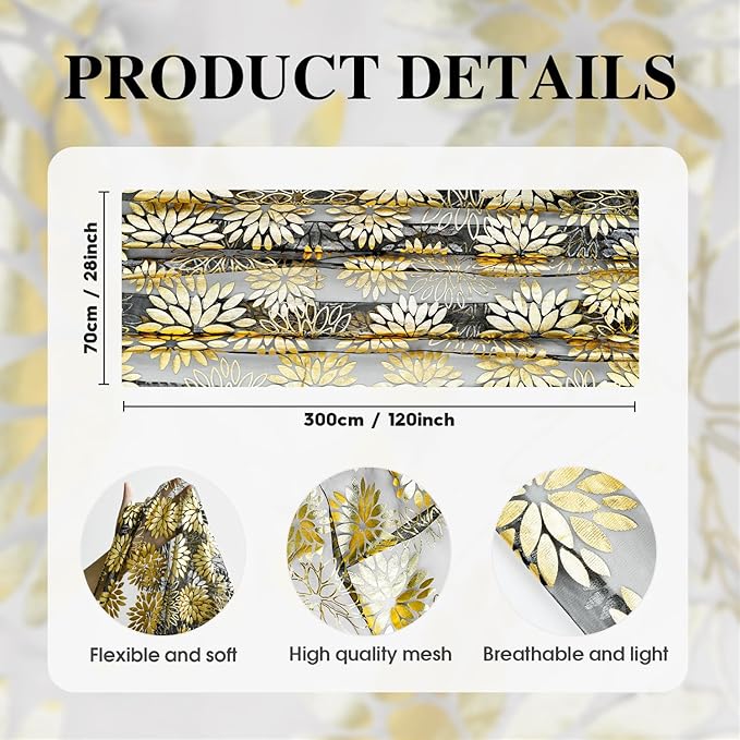 Artoid Mode 3PCS Black Gold Dahlia Flower Gauze Table Runner 120 Inch 10FT, Glitter Metallic Foil Seasonal Sheer Dining Holiday Table Decor for Home Party