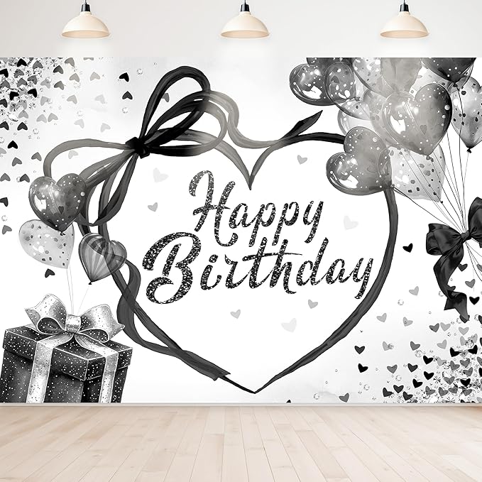 Coquette Happy Birthday Backdrop 7Wx5H Photography black Bow Heart Balloons Modern Preppy Diamonds Sweet Princess Background for Girls Teens Party Decorations Banner Photo Booth Props Supplies